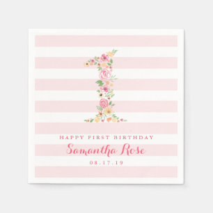 Serviette En Papier 1er anniversaire Pink Stripes & Aquarelle Florale 