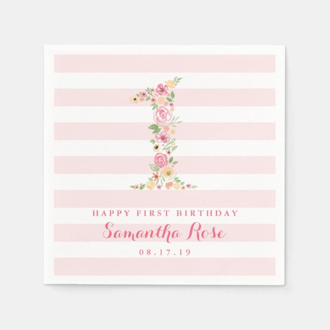 Serviette En Papier 1er anniversaire Pink Stripes & Aquarelle Florale  (Devant)
