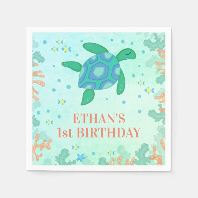 Serviette En Papier 1ère tortue d'anniversaire sous la mer (Devant)