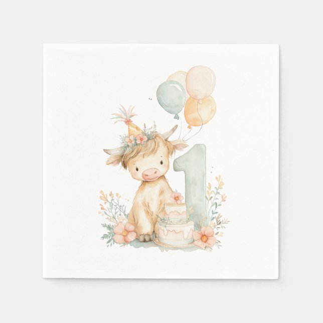 Serviette En Papier 1st birthday highland cow (Devant)