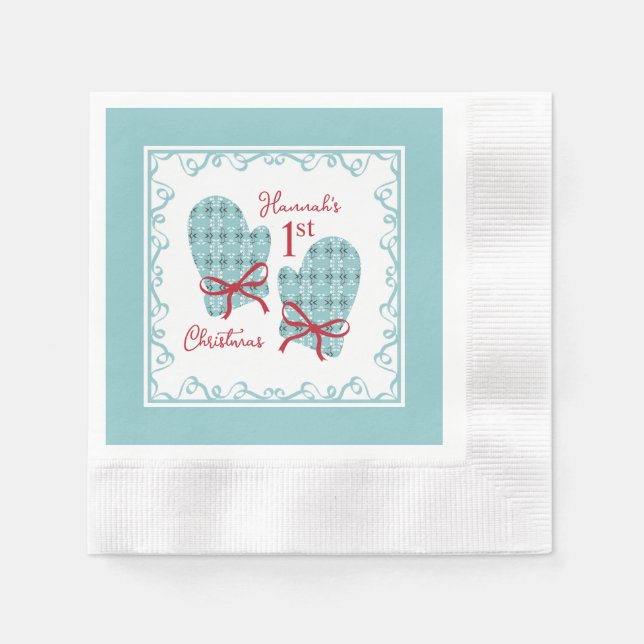 Serviette En Papier 1st Christmas Mittens Red Bow Holiday (Devant)