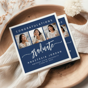 Serviette En Papier 2025 3-Photo Navy Blue Félicitations Diplômé
