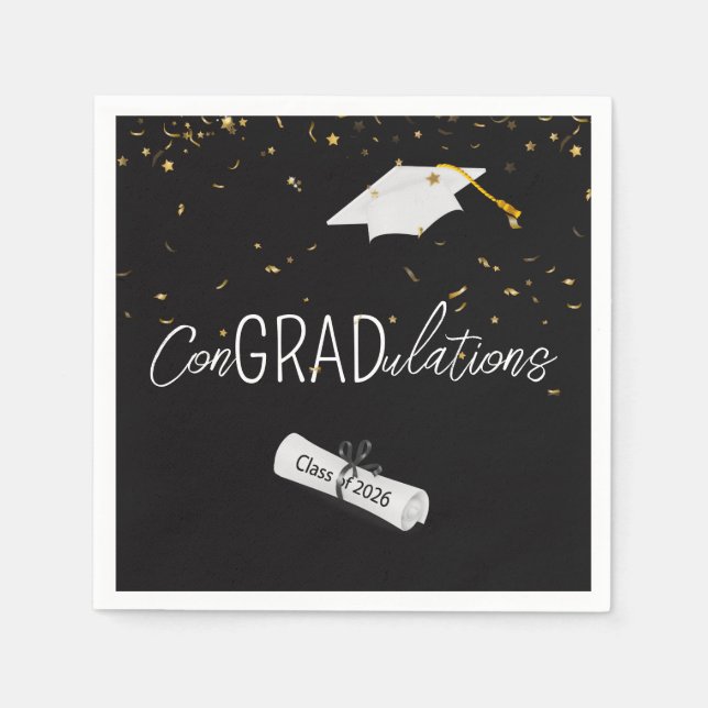 Serviette En Papier 2026 Graduation Gold Confetti and Cap (Devant)