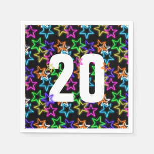 Serviette En Papier 20e Anniversaire Neon Étoiles sur noir