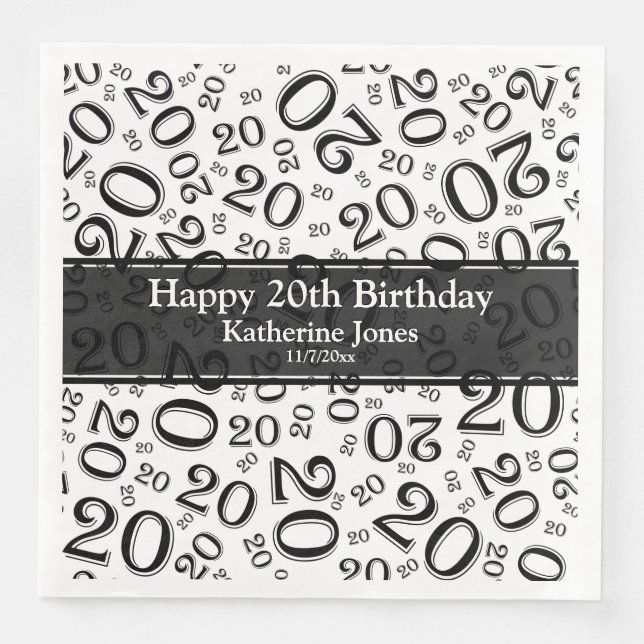Serviette En Papier 20e anniversaire Random Number Motif noir/blanc (Devant)