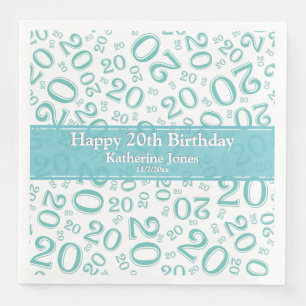 Serviette En Papier 20e anniversaire Random Number Motif Turquoise/bla