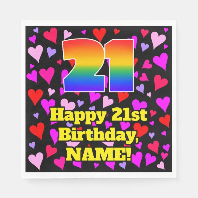 Serviette En Papier 21e anniversaire : Amour Hearts Motif, Arc-en-ciel (Devant)