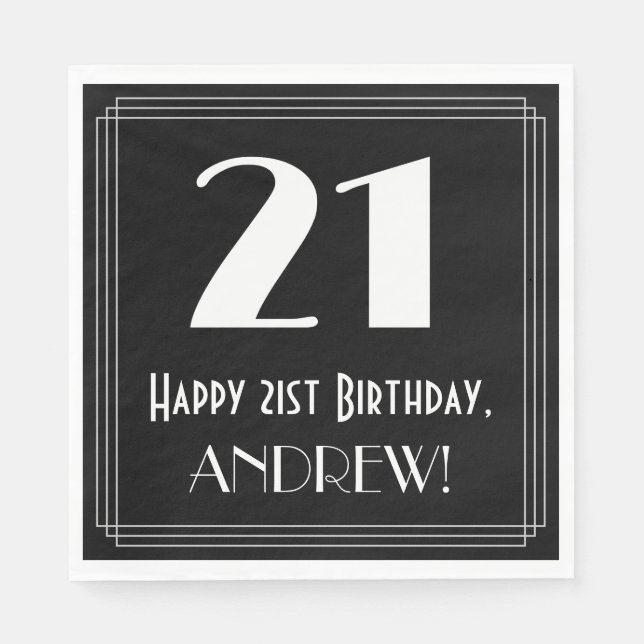 Serviette En Papier 21e anniversaire ~ Art Déco Inspiré Look "21", Nom (Devant)