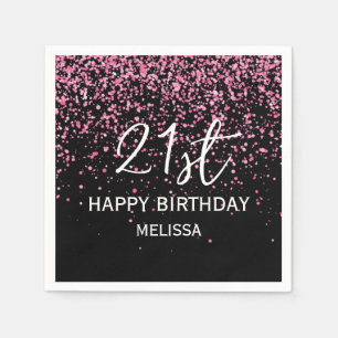 Serviette En Papier 21e Anniversaire Noir Paillettes Rose Scintillant