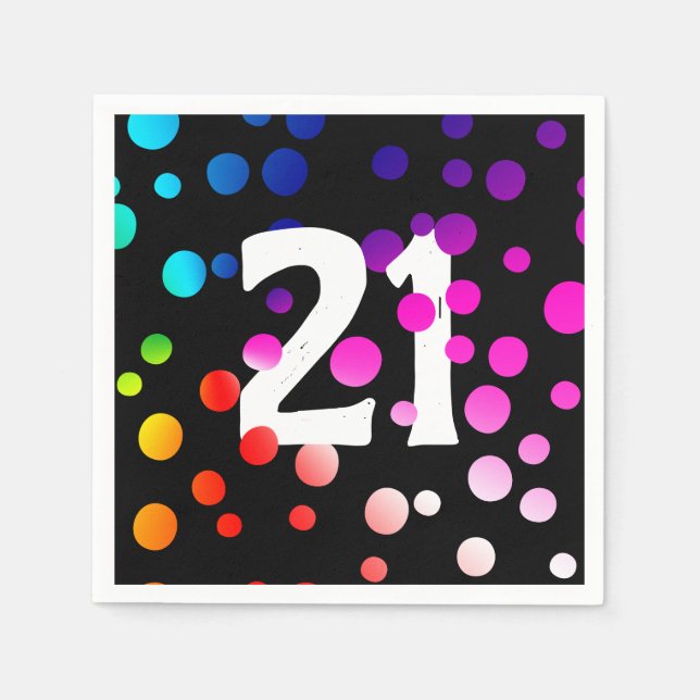 Serviette En Papier 21e anniversaire - Points arc-en-ciel sur noir (Devant)