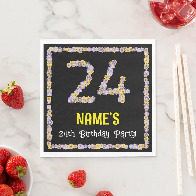 Serviette En Papier 24e anniversaire : Floral Flowers Numéro, Nom pers (En situation)