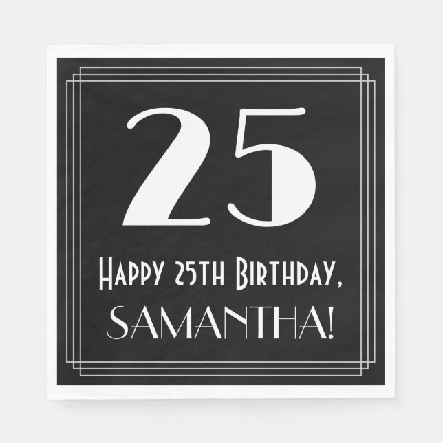 Serviette En Papier 25e anniversaire ~ Art Déco Inspiré Look "25", Nom (Devant)