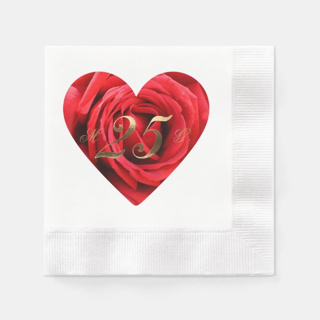 Serviette En Papier 25e anniversaire du Mariage Roses rouges Coeur élé (Devant)