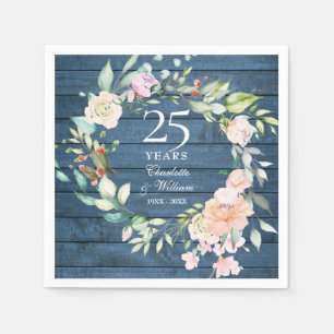 Serviette En Papier 25e anniversaire Mariage d'argent Floral Blue Rust