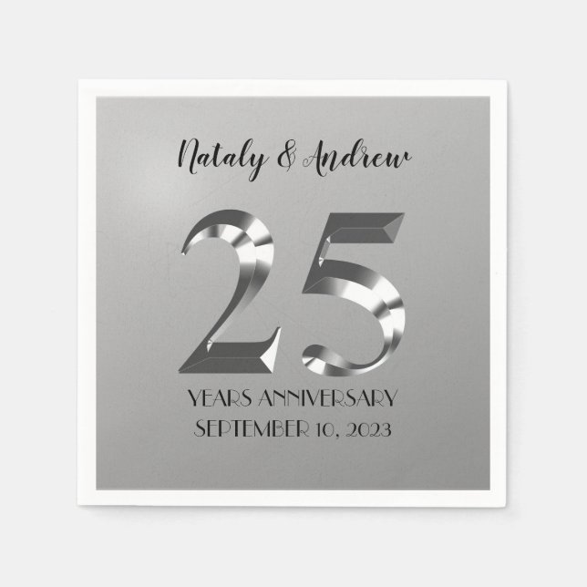 Serviette En Papier 25e anniversaire Mariage d'argent métallique (Devant)