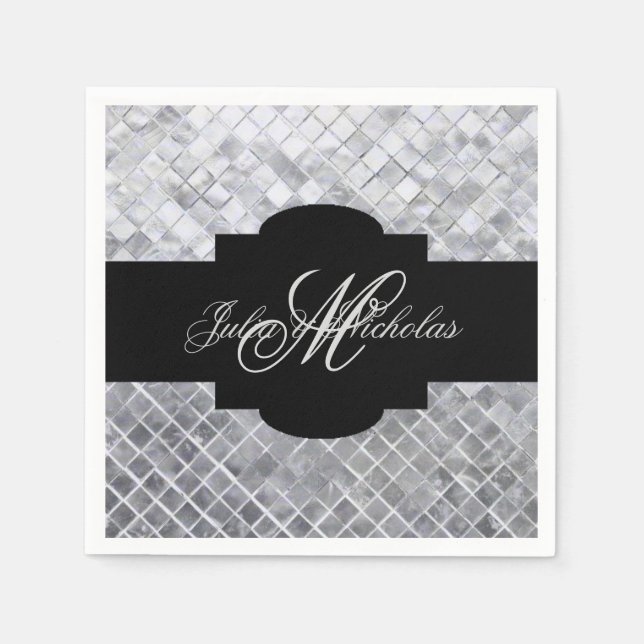 Serviette En Papier 25e anniversaire Monogrammed Black & Silver (Devant)