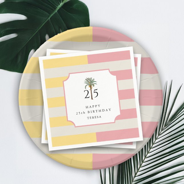 Serviette En Papier 25th Birthday Palm Beach Pastel Stripe Tropical (Créateur téléchargé)