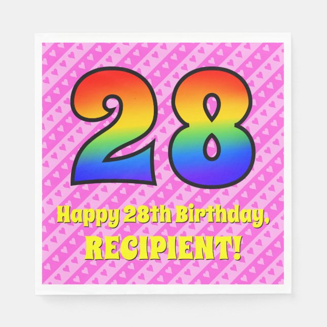Serviette En Papier 28e anniversaire : Pink Stripes & Hearts, Rainbow  (Devant)
