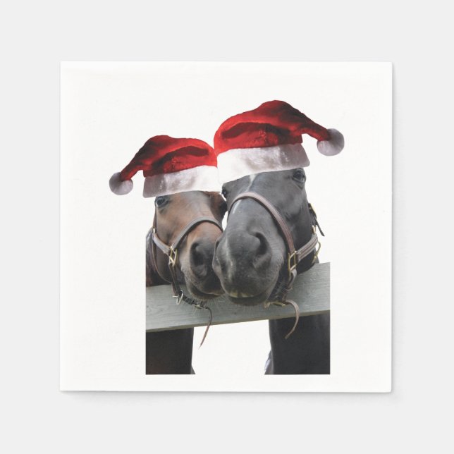 Serviette En Papier 2 Chevaux avec Casquettes du Père Noël (Devant)
