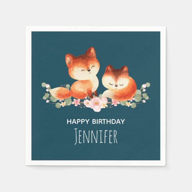 Serviette En Papier 2 mignons Petits Renards Rouges Aquarelle Design (Devant)