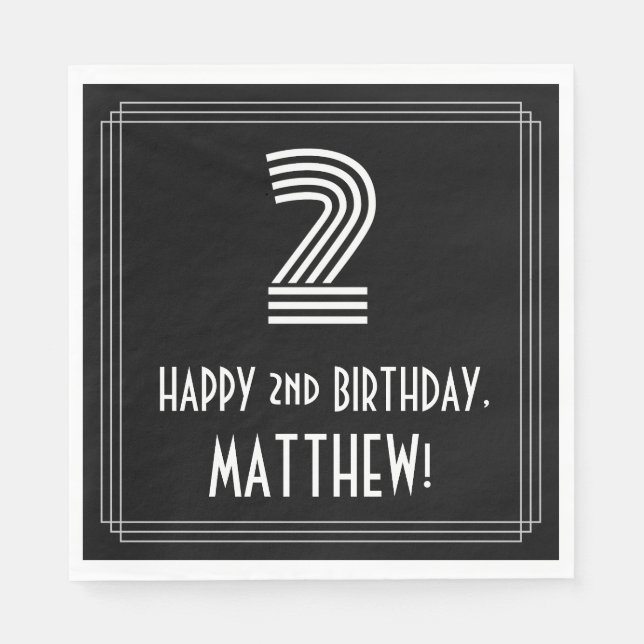 Serviette En Papier 2e anniversaire : Art Déco Inspiré Look "2" + Nom (Devant)