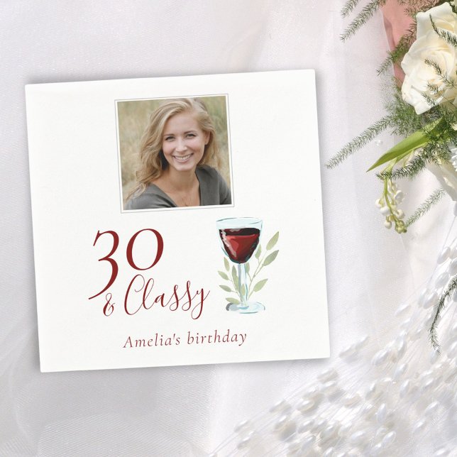Serviette En Papier 30 & Classy Red Wine Glass 30th Birthday Photo (Créateur téléchargé)