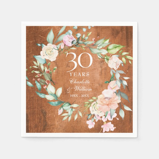 Serviette En Papier 30e anniversaire du Mariage Boho Rustic Wood Flora (Devant)