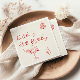 Serviette En Papier 30ème Retro Main Tirée Rouge Rose Trente Anniversa