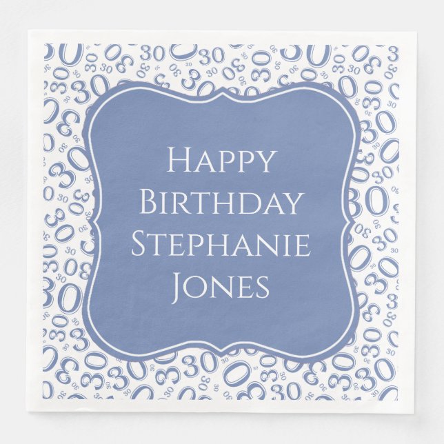 Serviette En Papier 30h Anniversaire Bleu/Blanc Numéro Motif (Devant)