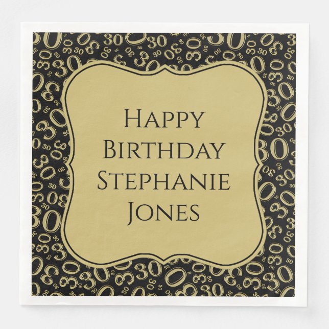 Serviette En Papier 30h Anniversaire Noir/Or Motif Numéro Bracket (Devant)