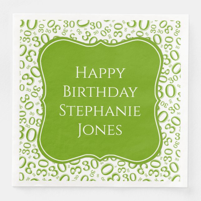 Serviette En Papier 30h Anniversaire Vert/Blanc Motif Numéro de suppor (Devant)