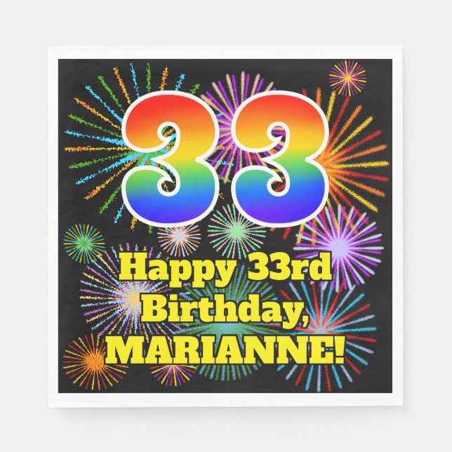 Serviette En Papier 33ème anniversaire : Fun Fireworks Motif + Rainbow (Devant)
