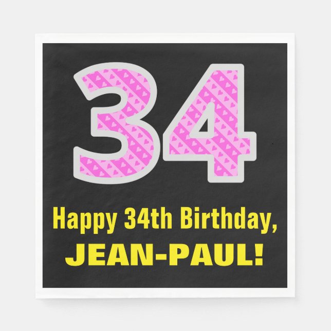 Serviette En Papier 34e anniversaire : Pink Stripes and Hearts "34" +  (Devant)