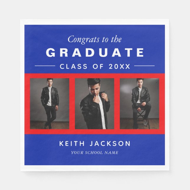 Serviette En Papier 3 Photo Graduation Collage Graduate Bleu Rouge (Devant)