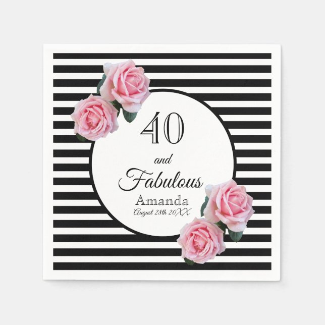 Serviette En Papier 40 roses roses roses roses noires rayures blanches (Devant)