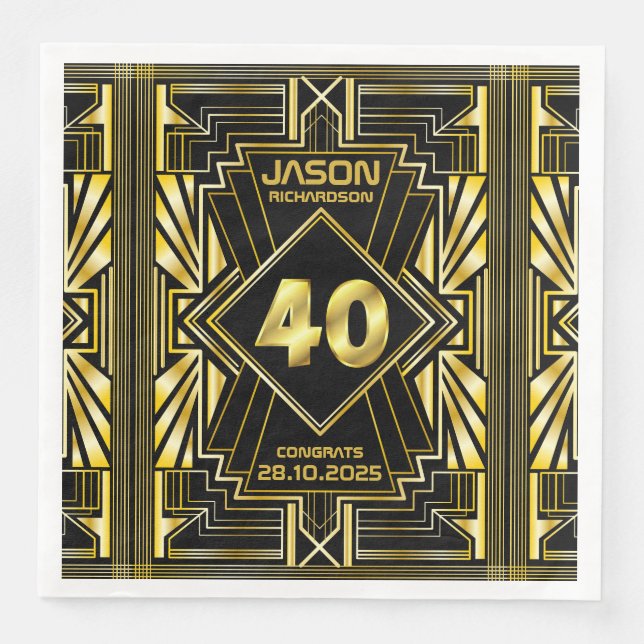 Serviette En Papier 40e anniversaire Art Déco Gold Black Great Gatsby (Devant)