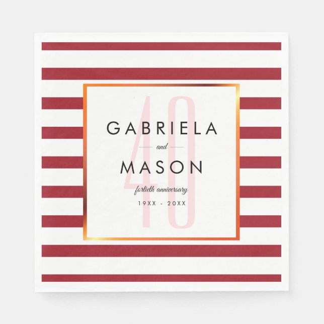 Serviette En Papier 40e anniversaire de Mariage Classic Ruby Stripe (Devant)