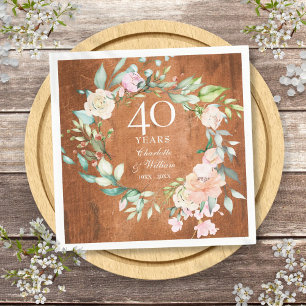 Serviette En Papier 40e anniversaire de mariage Rustique Bois Roses