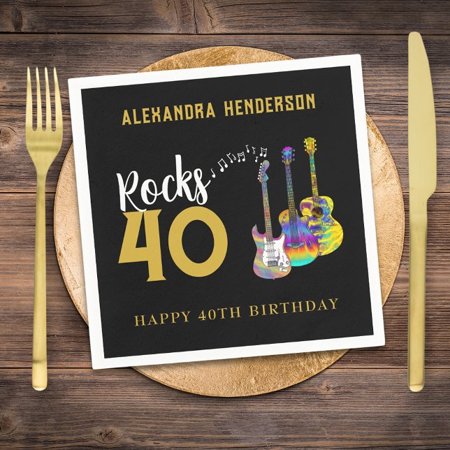Serviette En Papier 40e Anniversaire Fête Musique Guitare Rocks 40 (Rock and roll black and gold 40th birthday party personalized paper napkin with funky guitars)