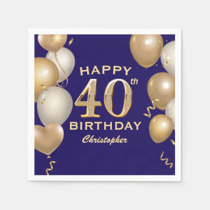 Serviette En Papier 40e Anniversaire Marine Bleu et Ballons d'or