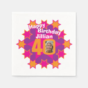 Serviette En Papier 40e anniversaire photo et nom rose étoiles serviet