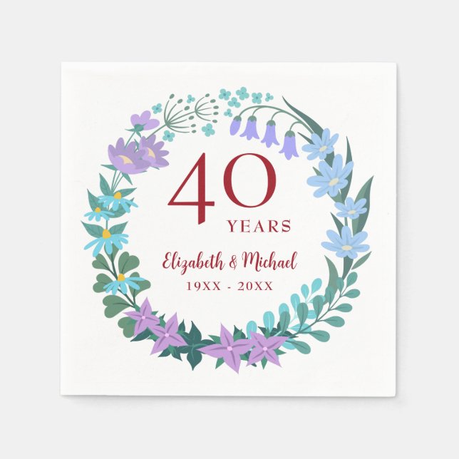 Serviette En Papier 40e anniversaire Ruby Floral Bluebell Wreath (Devant)