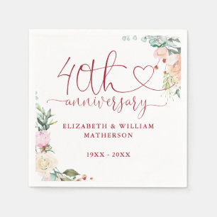 Serviette En Papier 40e anniversaire Ruby Heart Roses Floral