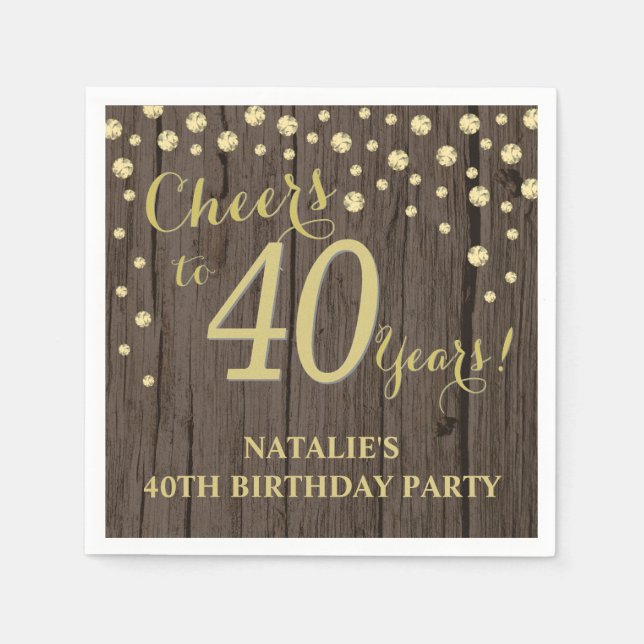 Serviette En Papier 40e fête d'anniversaire Bois rustique et Diamant d (Devant)