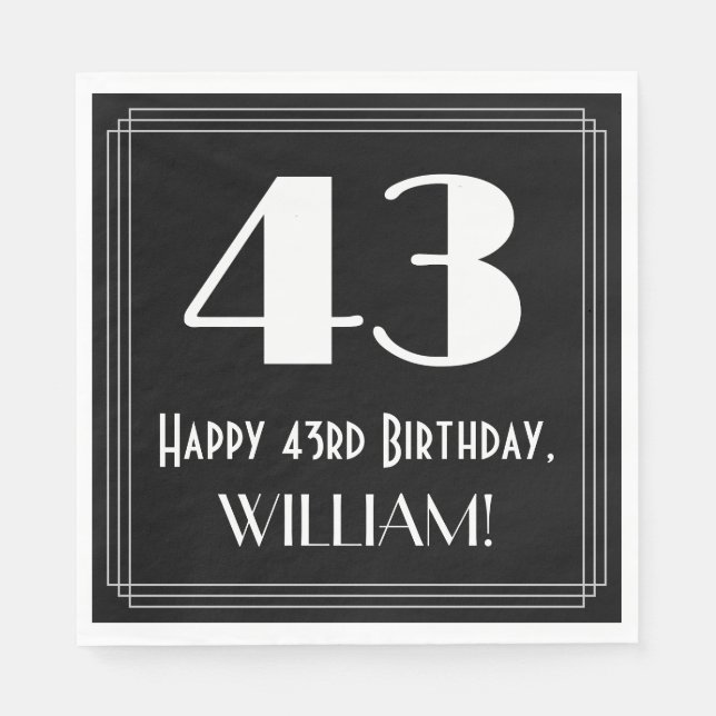 Serviette En Papier 43e anniversaire ~ Art Déco Inspiré Look "43", Nom (Devant)