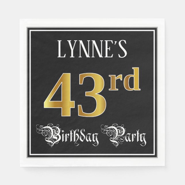 Serviette En Papier 43rd Birthday Party — Fancy Script, Faux Gold Look (Devant)