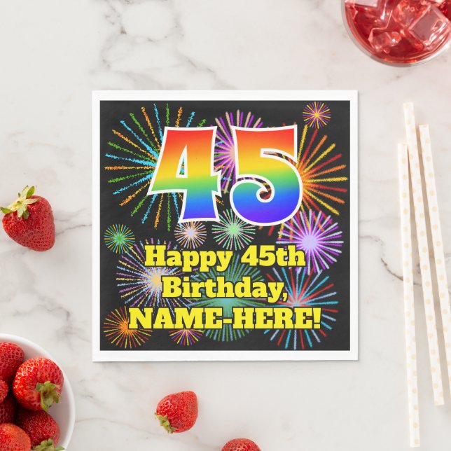 Serviette En Papier 45ème anniversaire : Fun Fireworks Motif + Rainbow (En situation)