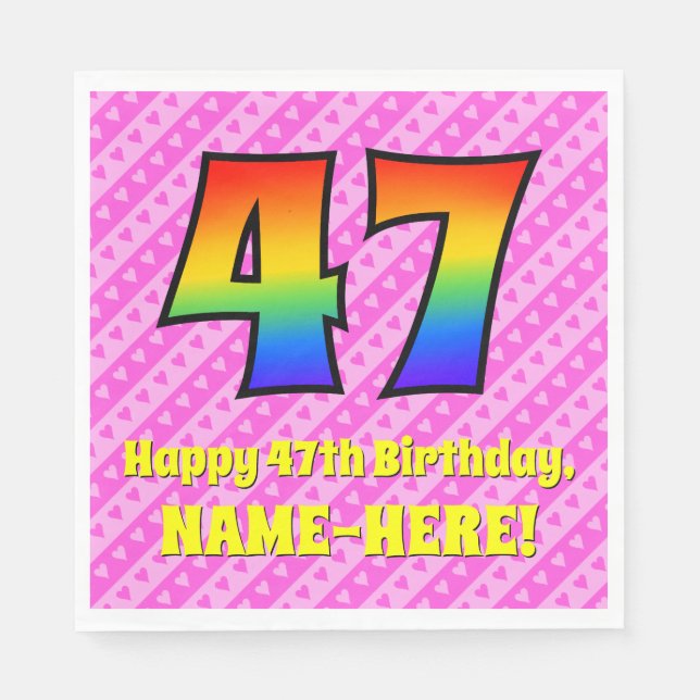 Serviette En Papier 47e anniversaire : Pink Stripes & Hearts, Arc en c (Devant)