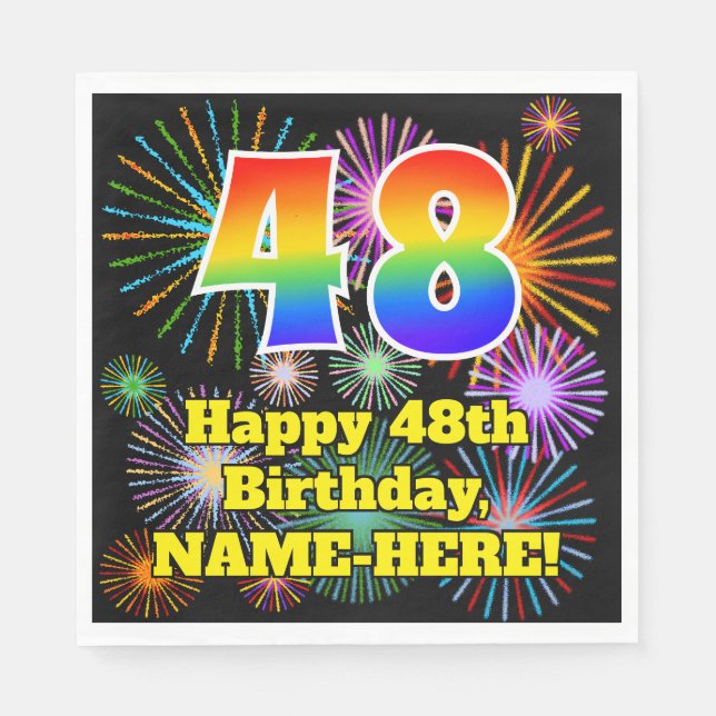 Serviette En Papier 48ème anniversaire : Fun Fireworks Motif + Rainbow (Devant)
