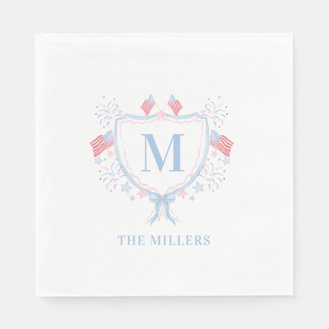 Serviette En Papier 4 juillet Monogramme rouge, blanc et bleu (Devant)